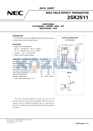 2SK2511 datasheet - SWITCHING N-CHANNEL POWER MOS FET INDUSTRIAL USE