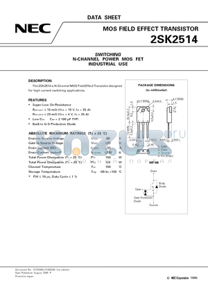 2SK2514 datasheet - SWITCHING N-CHANNEL POWER MOS FET INDUSTRIAL USE