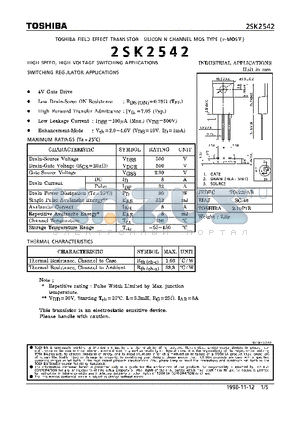 2SK2542 datasheet - N CHANNEL MOS TYPE (HIGH SPEED,  HIGH VOLTAGE SWITCHING, SWITCHING REGULATOR APPLICATIONS)