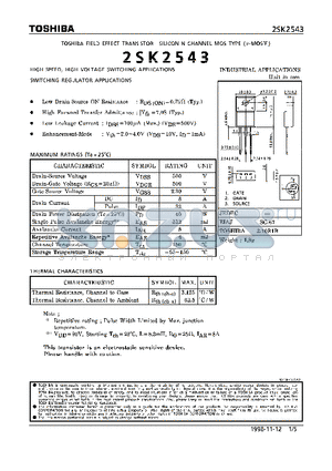 2SK2543 datasheet - N CHANNEL MOS TYPE (HIGH SPEED, HIGH VOLTAGE SWITCHING, SWITCHING REGULATOR APPLICATIONS)