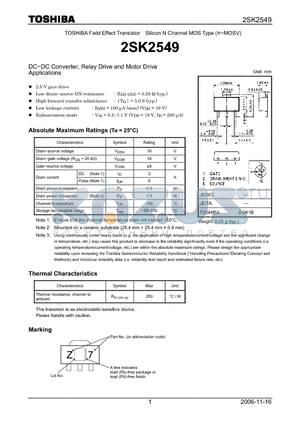 2SK2549 datasheet - Silicon N Channel MOS Type DC−DC Converter, Relay Drive and Motor Drive Applications