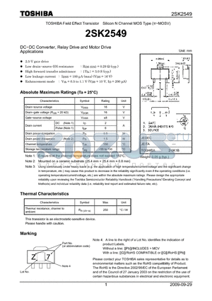 2SK2549 datasheet - DC−DC Converter, Relay Drive and Motor Drive Applications