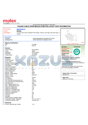 0903253012 datasheet - 1.27mm (.050) Pitch Picoflex^ PF-50 Header, Vertical, Low Profile, with PCB Pegs, 12 Circuits