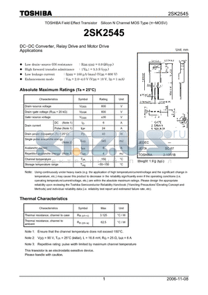 2SK2545 datasheet - Silicon N Channel MOS Type DC−DC Converter, Relay Drive and Motor Drive Applications