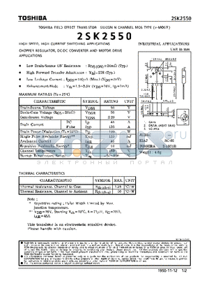 2SK2550 datasheet - N CHANNEL MOS TYPE (HIGH SPEED, HIGH VOLTAGE SWITCHING, CHOPPER REGULATOR, DC-DC CONVERTER AND MOTOR DRIVE APPLICATIONS)