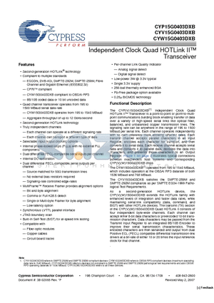 CYP15G0403DXB-BGC datasheet - Independent Clock Quad HOTLink II Transceiver