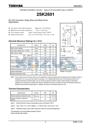 2SK2601 datasheet - Silicon N Channel MOS Type DC−DC Converter, Relay Drive and Motor Drive Applications