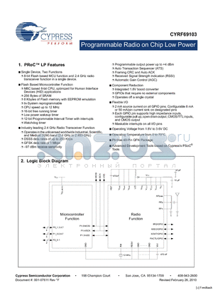 CYRF69103_11 datasheet - Programmable Radio on Chip Low Power 16-bit free running timer