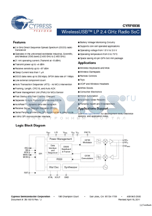 CYRF6936-40LTXC datasheet - WirelessUSB LP 2.4 GHz Radio SoC  Low external component count