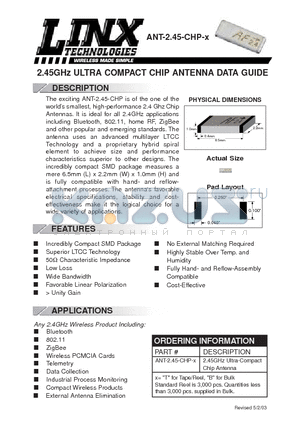 ANT-245-CHP datasheet - 2.45GHz ULTRA COMPACT CHIP ANTENNA DATA GUIDE