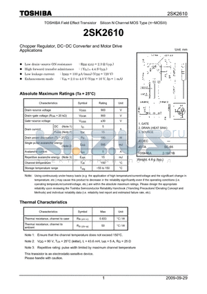 2SK2610 datasheet - Chopper Regulator, DC−DC Converter and Motor Drive Applications