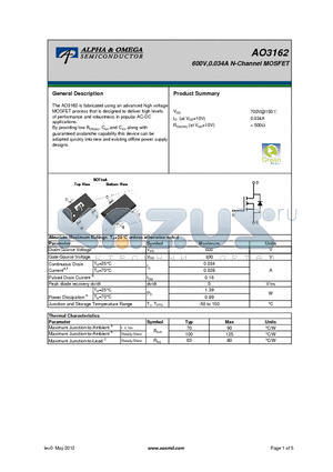 AO3162 datasheet - 600V,0.034A N-Channel MOSFET