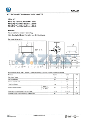 AO3400 datasheet - 30V N-Channel Enhancement Mode MOSFET