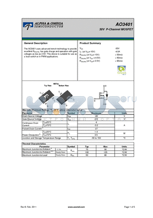 AO3401 datasheet - 30V P-Channel MOSFET