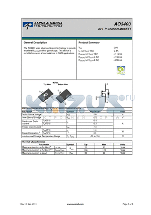 AO3403_11 datasheet - 30V P-Channel MOSFET