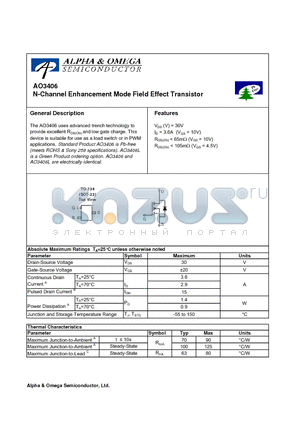 AO3406 datasheet - N-Channel Enhancement Mode Field Effect Transistor