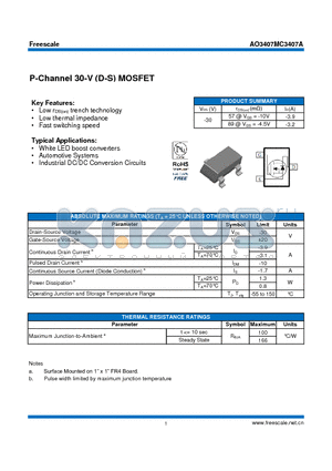 AO3407 datasheet - P-Channel 30-V (D-S) MOSFET Fast switching speed