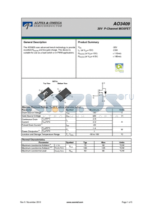 AO3409 datasheet - 30V P-Channel MOSFET