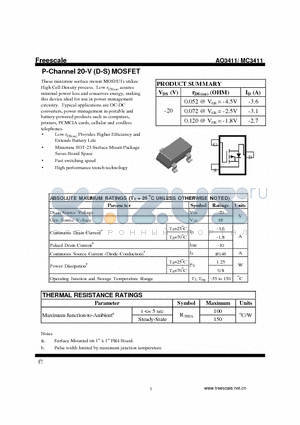 AO3411 datasheet - P-Channel 20-V (D-S) MOSFET Fast switching speed