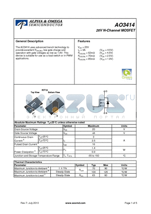 AO3414 datasheet - 20V N-Channel MOSFET