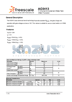 AO3413 datasheet - P-Channel Enhancement Mode Field Effect Transistor