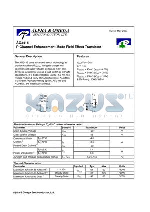 AO3415 datasheet - P-Channel Enhancement Mode Field Effect Transistor