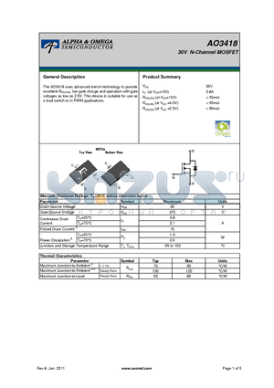 AO3418 datasheet - 30V N-Channel MOSFET