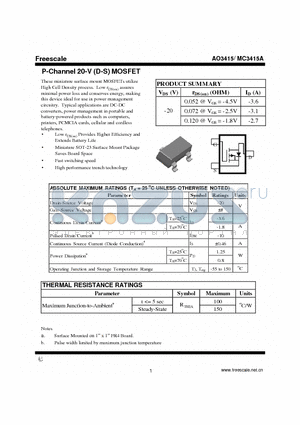 AO3415 datasheet - P-Channel 20-V (D-S) MOSFET Fast switching speed