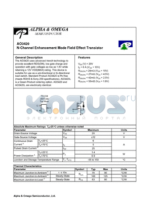 AO3420 datasheet - N-Channel Enhancement Mode Field Effect Transistor