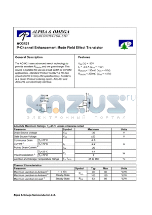 AO3421 datasheet - P-Channel Enhancement Mode Field Effect Transistor