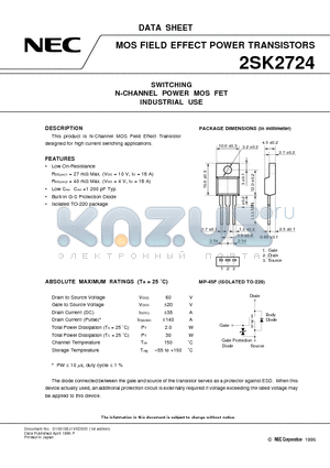 2SK2724 datasheet - SWITCHING N-CHANNEL POWER MOS FET INDUSTRIAL USE