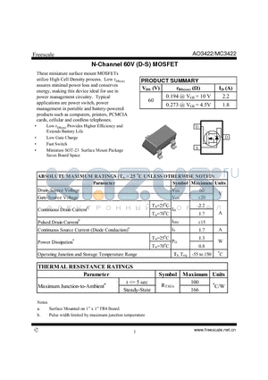 AO3422 datasheet - N-Channel 60V (D-S) MOSFET Low Gate Charge