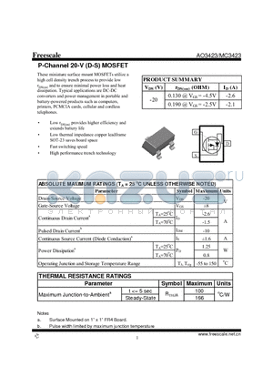 AO3423 datasheet - P-Channel 20-V (D-S) MOSFET High performance trench technology