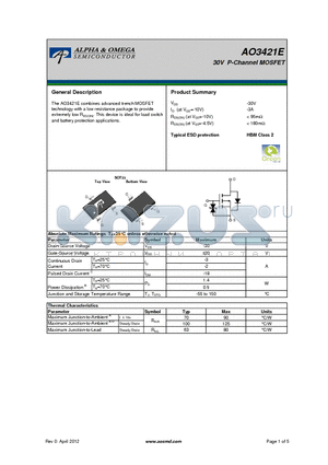 AO3421E datasheet - 30V P-Channel MOSFET