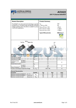 AO3423 datasheet - 20V P-Channel MOSFET