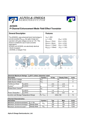 AO3435L datasheet - P-Channel Enhancement Mode Field Effect Transistor