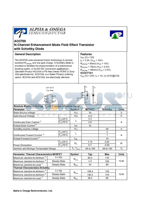 AO3700 datasheet - N-Channel Enhancement Mode Field Effect Transistor with Schottky Diode