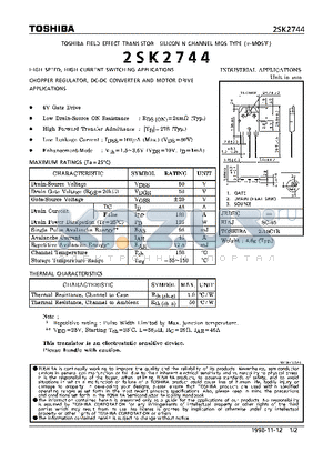 2SK2744 datasheet - N CHANNEL MOS TYPE (HIGH SPEED, HIGH VOLTAGE SWITCHING, CHOPPER REGULATOR, DC-DC CONVERTER AND MOTOR DRIVE APPLICATIONS)