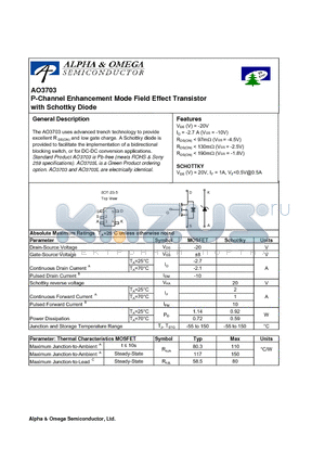 AO3703 datasheet - P-Channel Enhancement Mode Field Effect Transistor with Schottky Diode