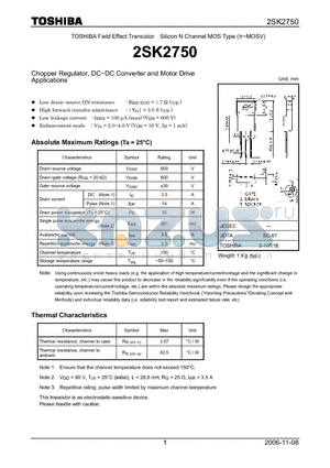 2SK2750 datasheet - Silicon N Channel MOS Type Chopper Regulator, DC−DC Converter and Motor Drive Applications