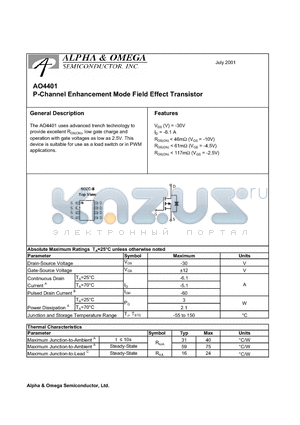 AO4401 datasheet - P-Channel Enhancement Mode Field Effect Transistor