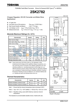 2SK2782 datasheet - Chopper Regulator, DC-DC Converter and Motor Drive Applications