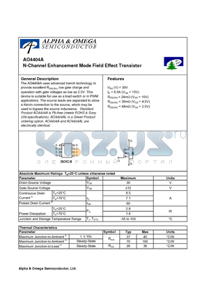 AO4404A datasheet - N-Channel Enhancement Mode Field Effect Transistor