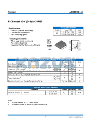 AO4405 datasheet - P-Channel 30-V (D-S) MOSFET Fast switching speed