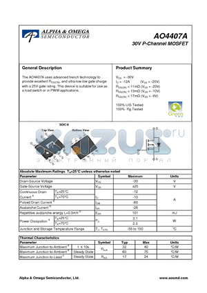 AO4407A datasheet - 30V P-Channel MOSFET