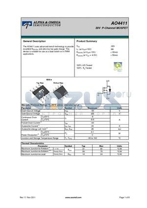 AO4411 datasheet - 30V P-Channel MOSFET