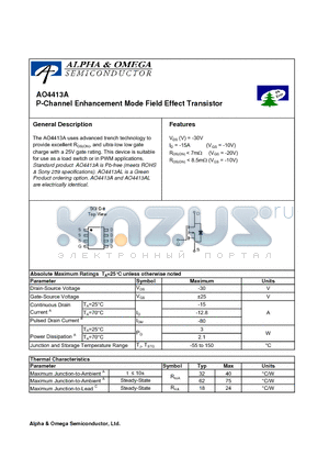 AO4413AL datasheet - P-Channel Enhancement Mode Field Effect Transistor