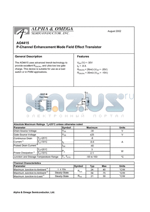 AO4415 datasheet - P-Channel Enhancement Mode Field Effect Transistor