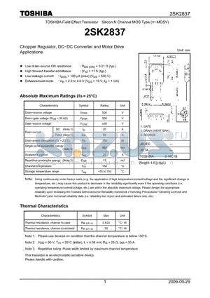 2SK2837 datasheet - Chopper Regulator, DC−DC Converter and Motor Drive Applications