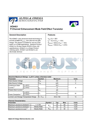 AO4421 datasheet - P-Channel Enhancement Mode Field Effect Transistor